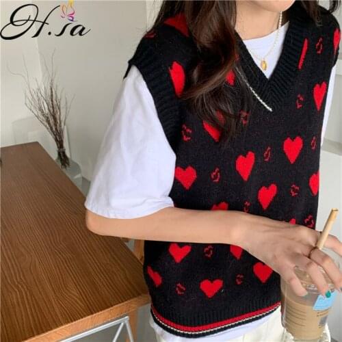HSA Love Pullover Vest 2021 Autumn Korean College V-neck Pullover Loose Heart Knit Vest Tide Y2k Sweater Woman Sweaters Tops