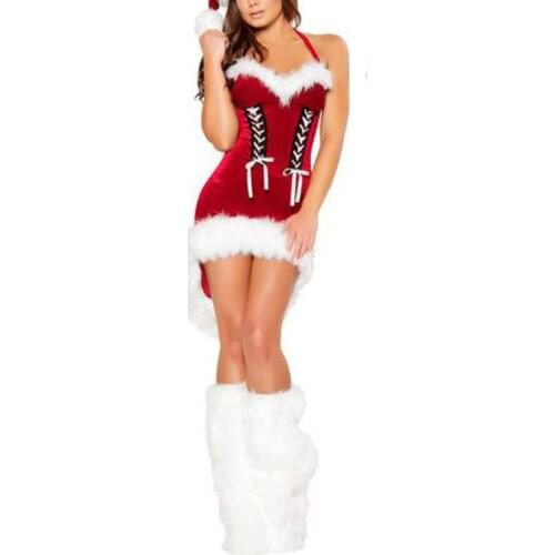 Sexy Cosplay Suits Christmas Costumes Short Front And Long Halterneck Dresses Hat And Dress