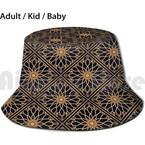 Golden Mandala Pattern Sun Hat Foldable UV Protection Abstract Arabic Pattern Asian Cloth Decorative Flower Geometric