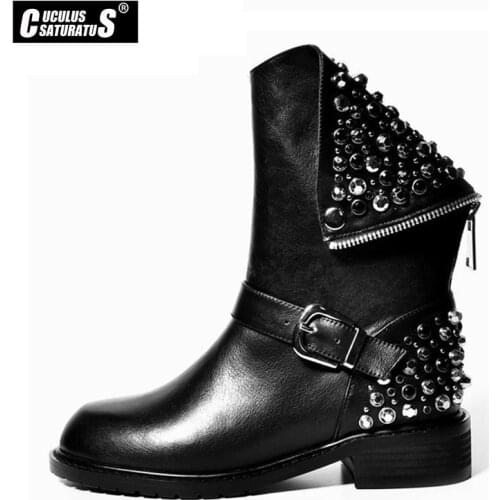 Cuculus 2020 arrival PU+Genuine leather boots rivets autumn winter ankle boots for women sexy female motorcycle snow boots 1461