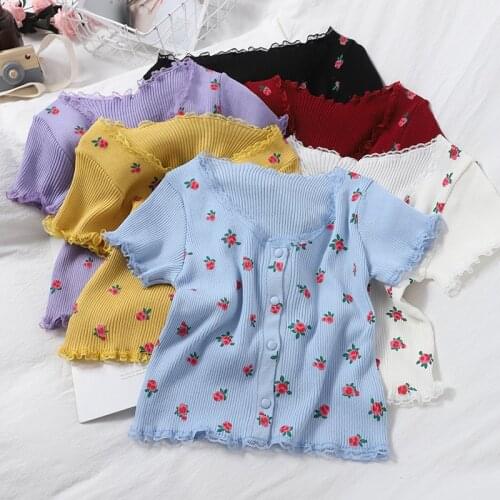 Fashion Sweet Floral Print T-shirt Womens Summer Korean Lace Stitching Crop Top Single Breasted causal Cardigan