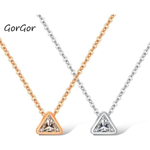 GorGor Women Necklace Rhinestone Mosaic Trangle Shape Pendant Choker Titanium Simple Sweet Ladies Fashion Clavicle Chains 1399