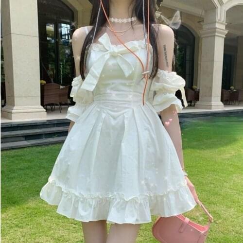 White Kawaii Fairy Strap Dress Women Patchwork Off Shoulder Sexy Party Mini Dresses Bow Ruffle Sweet Cute Princess Sundress 2021