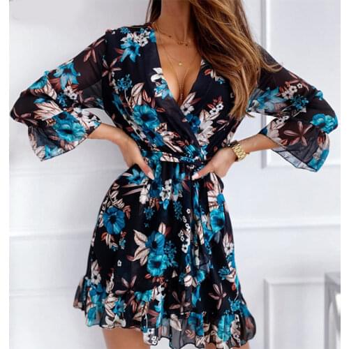 Foridol 3/4 Sleeve Women Chiffon Sash Autumn Dress Floral Print Boho Casual Plus Size Dress Spring Black Short Dress 2021