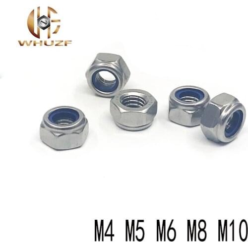 100pcs M4 M5 M6 M8 M10 201 stainless Steel Nylon Insert Hex Lock Nuts A2 Hexagon Nyloc Self Locking Nut