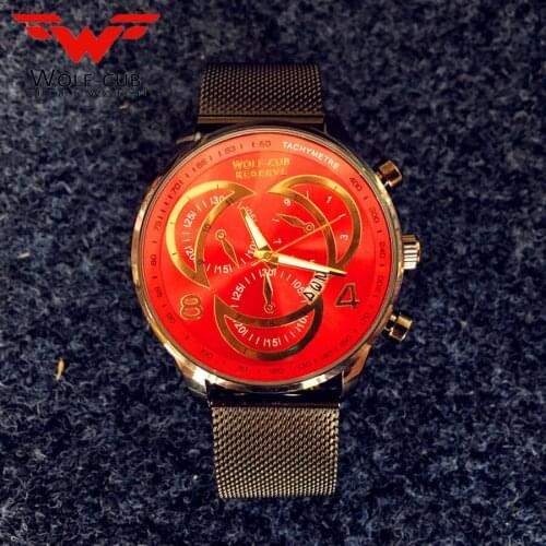 WOLF-CUB Mens Watches Big Dial Black Red Casual Mesh Belt Watch Date Stainless Steel Mesh Strap Men 30Bar Waterproof Quartz