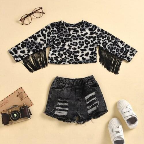 2021 Girls Two-piece Leopard Print Round Neck Long-sleeved Fringed Top Denim Shorts Children Fashion Personality Suit Clothing