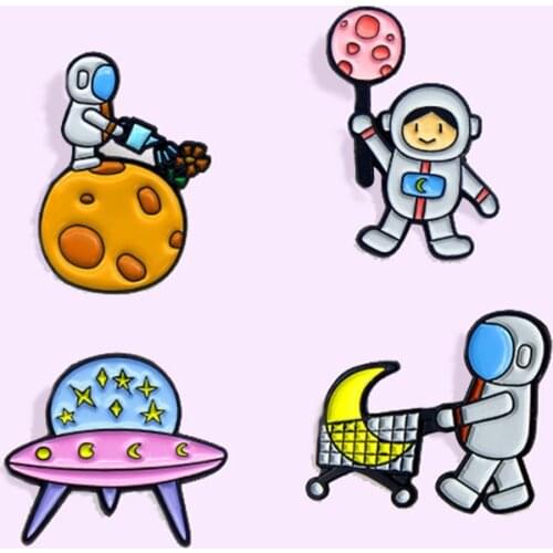 2021 New Arrival Astronaut Shopping Moon UFO Enamel Jewelry Cartoon Childrens Space Dream Lollipop Decoration Badge Pendant Gif