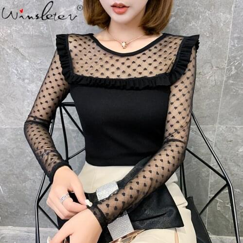 Cotton Summer Tee Shirt Womens See-through Transparent Mesh Tops Long Sleeve Slim Ladies O Neck T-Shirt New Arrival T03001B