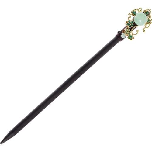 China vintage Natural jade bead green wooden kimono hairpin court hanfu hair sticks accessories pan head tools bagpack