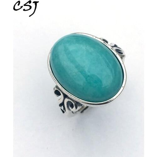 CSJ Natural Amazonite retro adjustable Rings 925 Sterling Silver Oval Cut 13*18mm Fine Jewelry Wedding Engagement for Women Gift