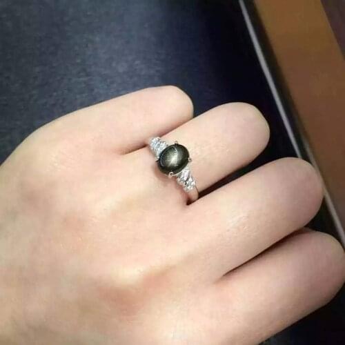 Natural dark Star black sapphire gem Ring Natural gemstone Ring 925 sterling silver trendy elegant round women Office Jewelry