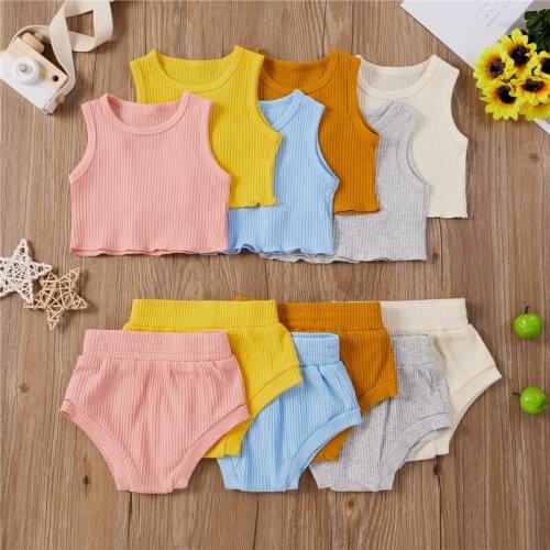 0-12M Toddler Kids Baby Boys Girls Summer Casual Clothes Sets Ribbed Knitted Sleeveless Vest Tops+Shorts Outfits 2Pcs Sets