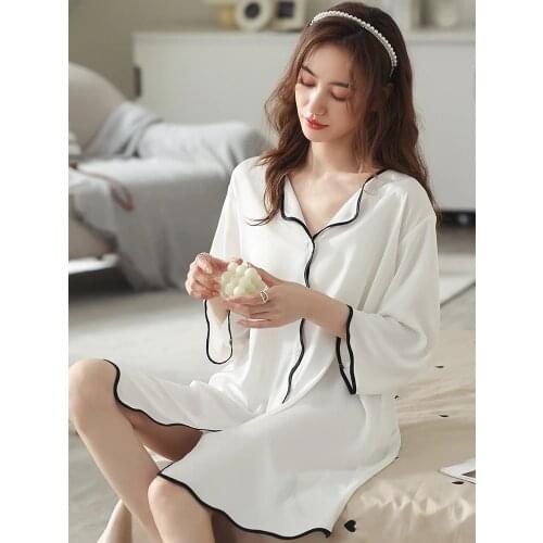 Summer Satin Night Dress Women Sleepwear Retro White Nightgown NuisetteThin Sleeping Dress Sexy Ice-silk Pajama Home Clothes