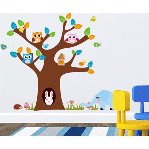 Cute Owlets Colorful Tree Wall Stickers For Kids Room Decorations Nursery Home Decal Removable Diy Cartoon Animal Wall Mural Art