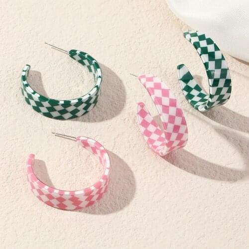 Fashion Acrylic Geometric Earrings Women Vintages Vintage Grid Color C Shape Temperament Wind Stud Earrings Jewelry for Girls