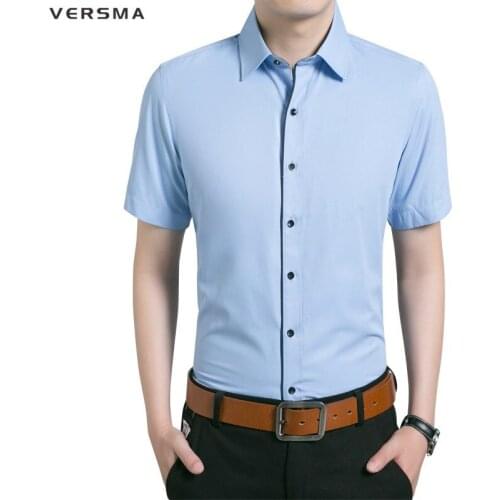 VERSMA 2017 Fashion Casual Solid Color Cotton Men Dress Shirt Short Sleeve Chemise Camisa Male Social Purple Shirt Plus Size 5XL
