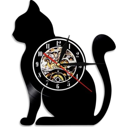 Cut Out Longplay Cat Silhouette Wall Clock For Bedroom Kitty Cat Owners Home Decor Kitten Vinyl Album Re-purposed Record Clock