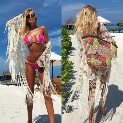 2018 New Sexy Women Hook Floral r Bathing Suit Beach Tassel Dress Bikini Cover Up Hollow Out Hot Swimwear