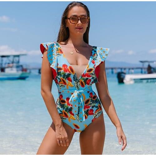 2021 New Sexy Deep-V One Piece Swimsuit Female Women Vintage Retro Bathing Suit Ruffle Swimwear Backless Beach Wear Monokini