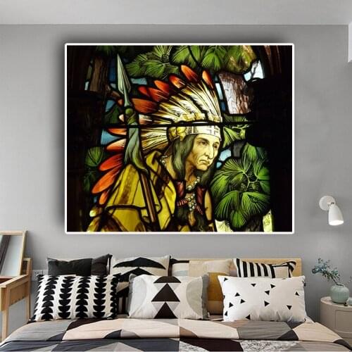 Native Indian Portrait Green Plant Canvas Painting Posters and Prints Scandinavian Pop Art Wall Picture for Living Room