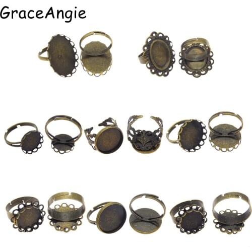 16pcs/pack Mix Style Adjustable Blank Ring Settings Tray Fit Glass Cabochons Cameo Diy Jewelry Making Ring