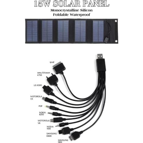 Foldable 15W Solar Panel 10 in 1 USB Solar Cell Waterproof Charger Power Bank