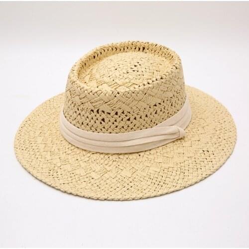 2021 New Fashion Summer Women Hand-woven Panama Straw Hat with White Ribbon Ladies Men Concave Top Hat Breathable Beach Sun Hat