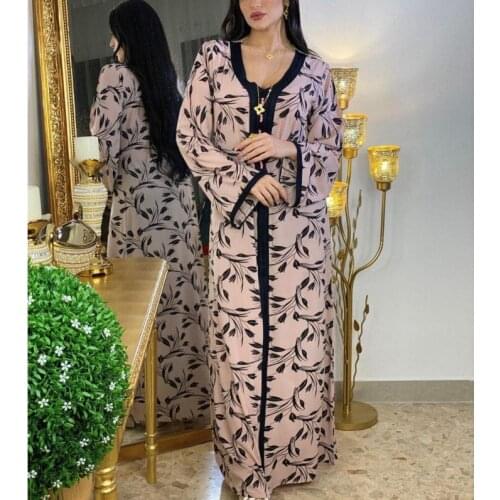 Middle East Ramadan Print Long Floral Dress Abaya Dubai Muslim Womens Wear Pink