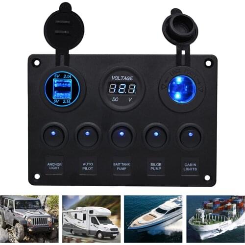 Universal 5 Gang Car Marine Boat LED Rocker Switch Panel Waterproof Circuit Digital Voltmeter With 4.2A Dual Usb Slot Socket