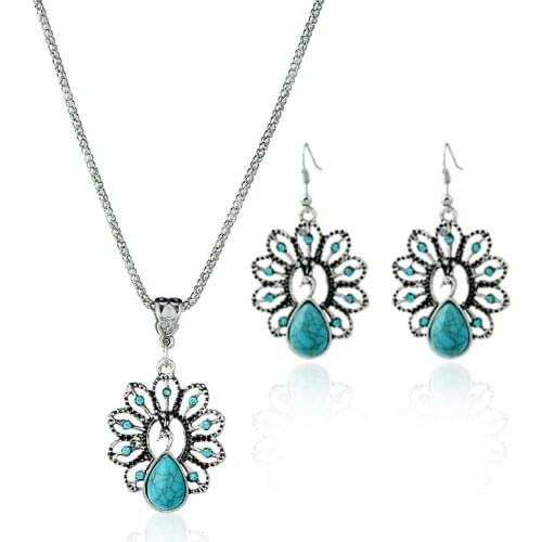 Jewelry Antique Folk Hollow Peacock Jewelry Set Pendant Necklace Sweater Chain Retro Ornaments Accessory Wholesale Factory Sell