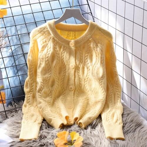 Yellow Sweet Style Knitted Women Sweater Cardigan Autumn New 2021 O-Neck Long-Sleeved Short Slim Elegant Female Clothing Tops