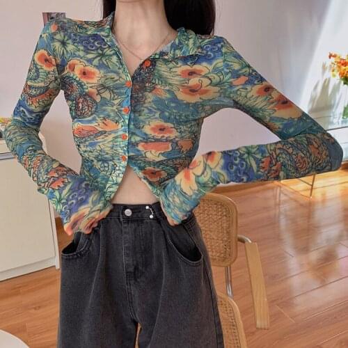 Women Slim Short Long Sleeve Dragon Flower Graffiti Printed Button Blouse Korean Autumn Crop Top Bandage Harajuku Sexy Tee Shirt