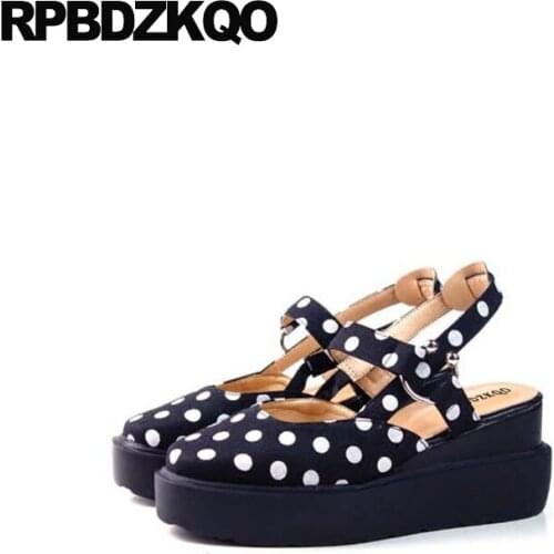 Shallow summer satin black polka dot muffin luxury women elevator creepers platform shoes slingback square toe thick sole wedge