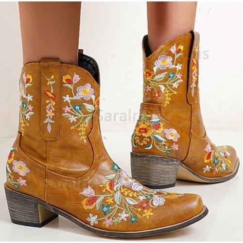 SARAIRIS Big Size 43 Vintage Square Heels Autumn Winter Shoes Woman Western Cowboy Boots Female