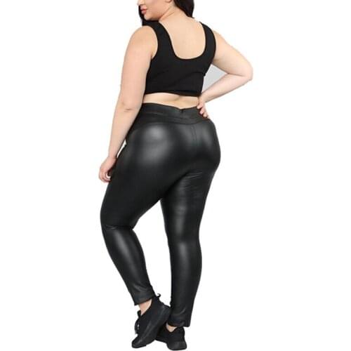 Leggings Women Solid Black Slim Leather Pants Button Casual Stretch Pencil Trousers Pants Leather Leggings Calzas Mujer W86