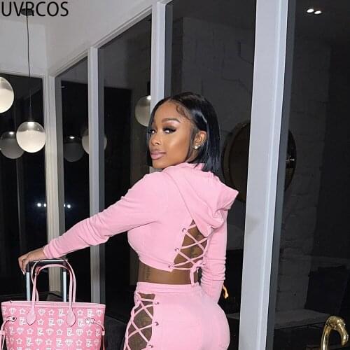 UVRCOS Women Sweatshirts Fall Clothes For Women Solid Pocket Hoodied Short Exposed Waist Back Cut Out Bandage Femme Y2K Clothes