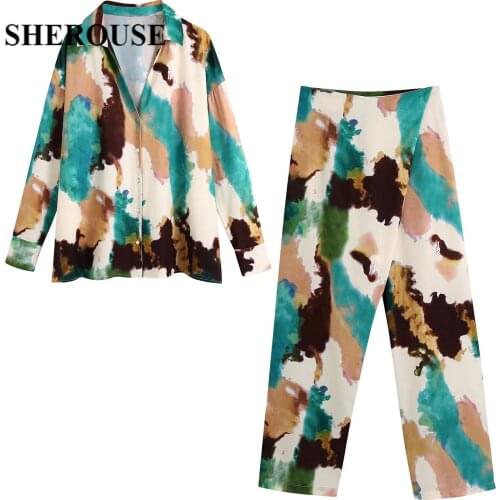SHEROUSE Women Fashion Two Piece Set Multicolor Printed Shirt Casual Elastic Waist Trousers Chic Lady Woman Outfits Pants Sets