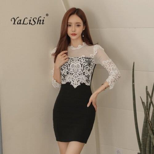 2021 Spring Dress Women Vestidos Lace Patchwork Three-quarter Sleeve Package Hip Dresses Office Bandage Bodycon Sexy Party Dress