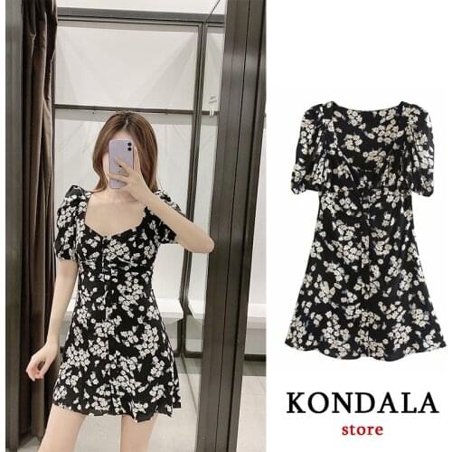 KONDALA 2020 NEW england high street summer women black floral print short sleeve square colla mini party ZA dresses vestidos