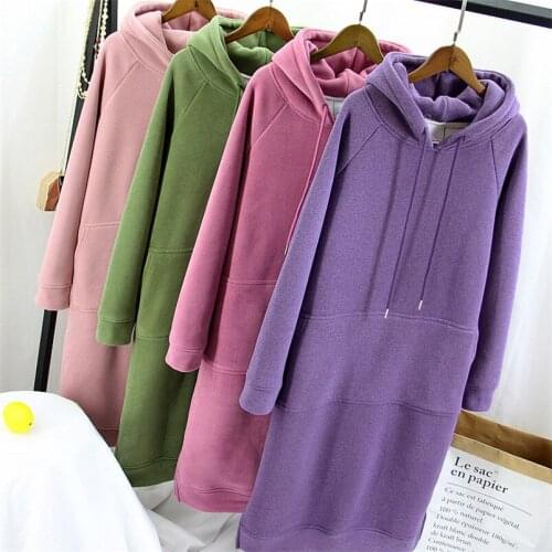 Winter Women Thicken Hoodies Sweat Dress Drawstring Warm Casual Loose Long Sleeve Midi Dress With Pockets