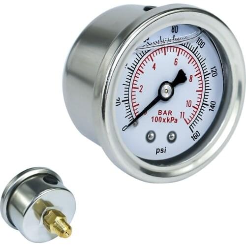 1/8 NPT Oil Fuel Pressure Gauge Liquid Filled Polished Case 0-160 psi Oil Press Gauge Fuel Gauge White Face Universal