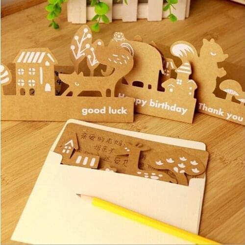 1set/lot novelty Animal Kraft paper Vintage Hollow style Greeting card set with envelope bookmark new year gift cards