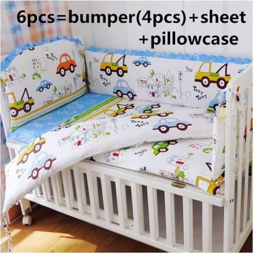 2017! 6PCS baby set Cartoon Car Boy Baby Cot Crib Bedding Set Cot Bumpers Bedding for cama infantil(4bumpers+sheet+pillow cover)