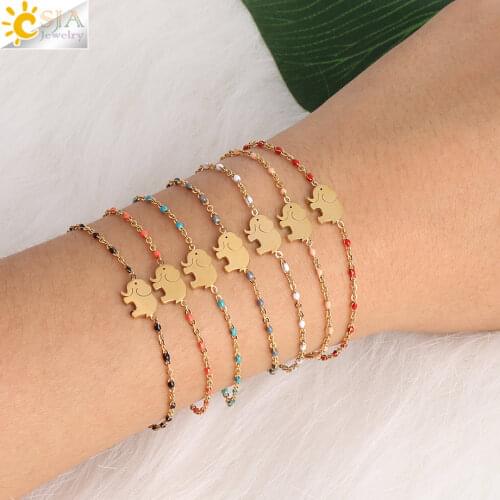 CSJA Gold Color Stainless Steel Bracelets for Girl 2020 Elephant Bracelet Simple Beads Adjustable Beaded Armband Wristband S411