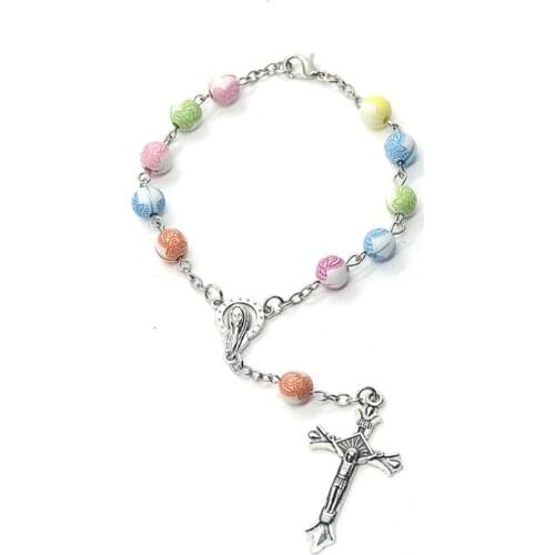 Childrens Colorful Virgin Mary Beads Rosary Bracelet Cross Icon Bracelet Kids Boys Girl Prayer First Confirmation Gifts Jewelry