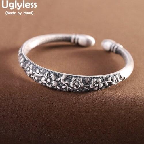 Uglyless Handmade Plum Blossom Bangles for Women Genuine 999 Full Silver Open Bangles Ethnic Vintage Dress Jewelry Thai Silver