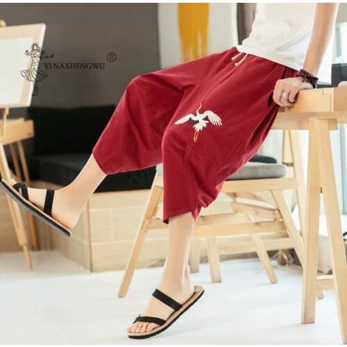 Japanese Style Crane Embroidered Pants Kimonos Harajuku Yukata Beam Feet Harem Men Asian Japan Traditional Cropped Male Costume
