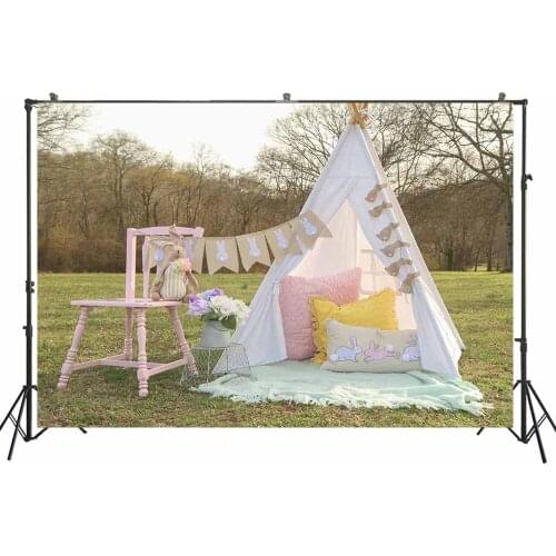 Girl Photography Background Baby Spring Outdoor Cake Smash Photoshoot Backdrop Happy Easter Day Banner White Tent Decors Prop