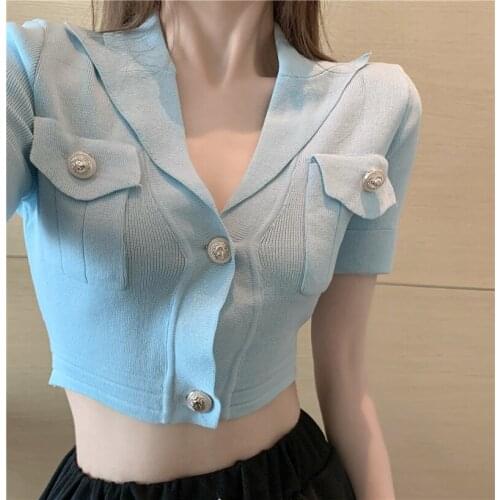 2021 Cardigan Cashmere Sexy Midriff Sweater Short Sleeve V Neck Womans Sweater Cardigans Jersey Knit Jumpers Pull Femme Top